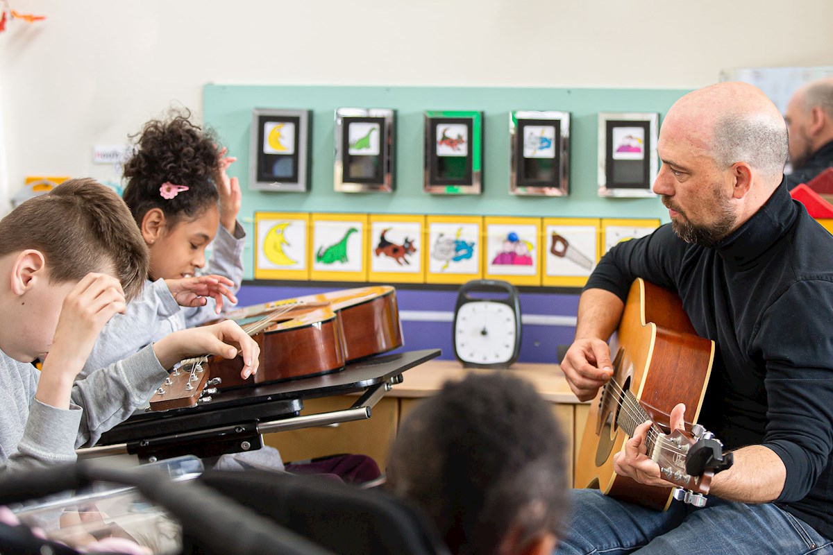 Leerkracht speelt gitaar voor de leerlingen.
